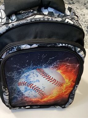 Source Unknown Black Backpack with Baseball Fire & Water Graphic